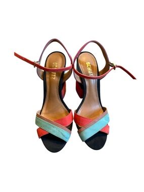 SCHUTZ Coral and Mint Suede Crisscross Ankle-Strap Heels
